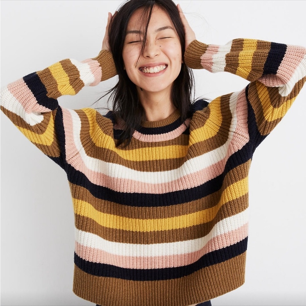 MADEWELL Tilden Brown Pink Cream Striped Merino Wool Knit Sweater Small
